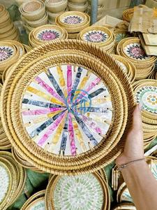 Exquisite Handmade Rattan Serving Tray with Iridescent Mother of Pearl Floral Inlay Refined Natural Woven <b>Frame</b> Sophisticated - Product Image 3