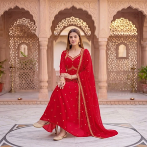 Traje Anarkali Étnico Tradicional Estructurado de Georgette Bordado con Dupatta, Vestido Largo Acampanado para Uso Diario - Product Image 1