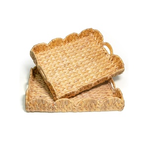 Plateau festonné en jacinthe d'eau tressée, plateau festonné en jacinthe d'eau tressée avec poignées, décoration rustique naturelle pour la maison, vente en gros - Product Image 4