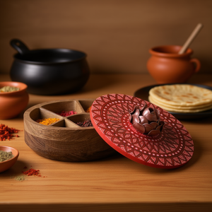 Boîte à chapati en bois faite à la main avec organisateur de pots à épices, rangement de cuisine traditionnel, vaisselle de service pour roti et masala - Product Image 3