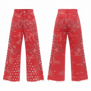 OEM ODM Autumn Winter Cotton Denim <b>Jeans</b> Custom Silver Star Studs & Distressed Hem Fashionable Streetwear Sweat Pants - Product Image 4