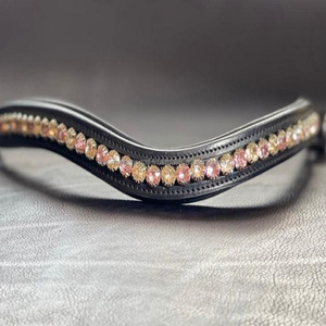 Custom Made <b>Light</b> <b>Rose</b> <b>Light</b> Silk & Graphite Combination 1 Row Crystals Bling Brow Band with Soft Padded Leather Horse Brow Band - Product Image 2