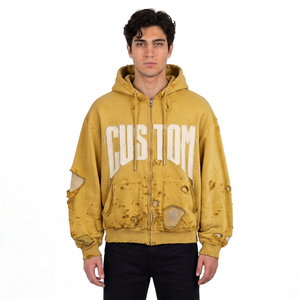 Sweat-shirt à capuche zippé oversize pour homme, 100% coton molletonné, écologique, effet vieilli, avec motif graphique lettres - Product Image 1