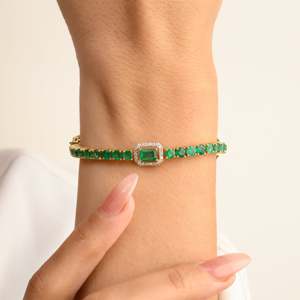 14K Art Deco Tennis Bracelet with Emerald Cut and Round Emerald Diamonds - Product Image 5