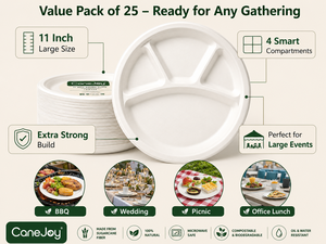 Plato de bagazo al por mayor de 11 pulgadas con 3 compartimentos |   Vajilla Desechable Ecológica, Biodegradable y Ligera de Fibra de Caña de Azúcar - Product Image 6