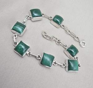 Pulsera de Eslabones Cuadrados de Plata de Ley 925 Chapada en Oro Clásico con Malaquita, Gema Verde, Joyería Hecha a Mano, Regalo - Product Image 2
