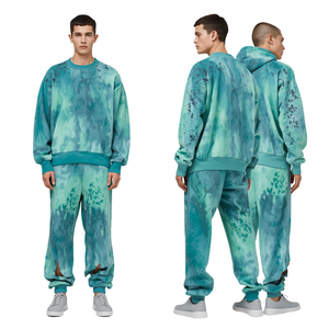 Ensemble de jogging pour homme en molleton délavé bleu sarcelle, effet usé et taches de blanchiment, style streetwear - Product Image 4