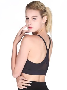 Ladies Thin Strap Y Back Sport Brassiere Mesh Panel Running Vest High Elasticity Athletic Crop Top Removable <b>Pads</b> - Product Image 3