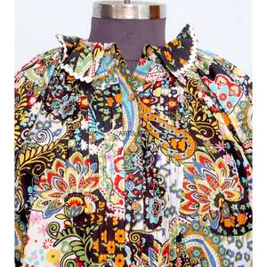 Túnica Moderna con Estampado Floral, 100% Algodón Lavable, Estilo Casual Femenino, Cuello Mandarín con Volantes, Manga Media, Mini - Product Image 3