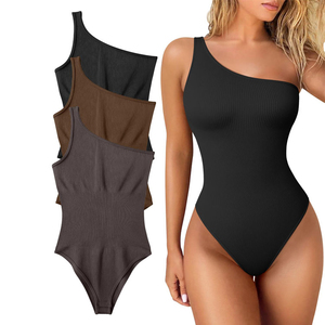 Body de punto de un solo hombro para mujer, de cintura alta, control de abdomen, faja moldeadora, color liso, sexy, para discoteca, primavera-verano, transpirable - Product Image 3
