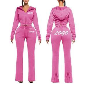 Conjunto de Invierno Personalizado de Punto Waffle para Mujer, Conjunto Deportivo de Manga Larga, Chaqueta con Cremallera y Pantalones Anchos Acampanados, Conjunto de Dos Piezas - Product Image 4