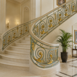 Luxury Sage Green Gold Ornate Stair <b>Railing</b> Curved Wrought Iron Balustrade for Villa Mansion Interior Decor - Product Image 2