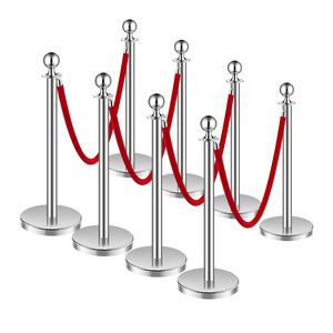 8 Pali in Acciaio Inox con Corde in Velluto e Base Cava, 4 Pali Rossi - Barriere per il Controllo della Folla per Ristoranti e Hotel, 4 Pezzi con Base Cava - Product Image 1