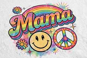 <b>Women's</b> <b>White</b> Jersey Short Sleeve Crew Neck <b>T</b>-<b>Shirt</b> Retro Rainbow Mama Graphic with <b>for</b> Face and Peace Sign - Product Image 6