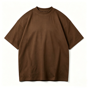 เสื้อยืดคอกลมแขนสั้นทรงหลวมสไตล์โอเวอร์ไซส์สำหรับผู้ชาย สีน้ำตาลล้วน ผ้าฝ้าย ทรงหลวมสบาย แบบดรอปไหล่ - Product Image 1