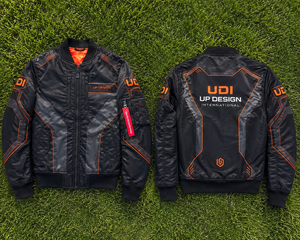 Blouson bomber noir et orange pour homme, coupe-vent personnalisé avec poches zippées, poignets côtelés et design streetwear futuriste - Product Image 6