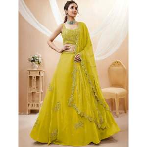 Yellow <b>Sequins</b> Georgette <b>Plus</b> <b>Size</b> Haldi Lehenga Choli - Product Image 1