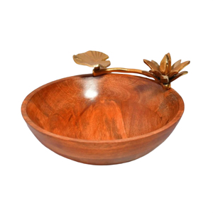Bol de service en bois avec poignée florale en laiton doré Orchidée, centre de table élégant, bols décoratifs pour salades et fruits pour hôtels et maisons - Product Image 4