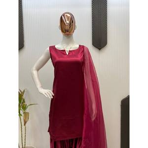 ชุดสีแดงเข้มของผู้หญิง LG เสื้อและล่างที่สวยงามพร้อม dupatta สำหรับงานปาร์ตี้ชุด L - Product Image 1