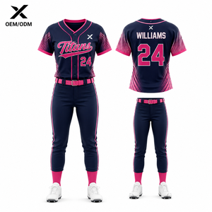 Ensemble d'uniformes de softball personnalisés pour femmes Titans, bleu marine et rose, sublimés, anti-humidité, ajustés, manches courtes, toutes saisons, adulte - Product Image 1