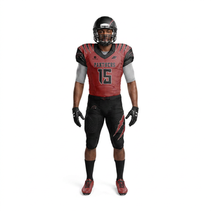 Conjunto de Camiseta y Pantalones de Fútbol Americano Sublimados Personalizados – Uniforme de Equipo de Fútbol Americano Rojo y Negro |   Fabricante Mayorista - Product Image 1