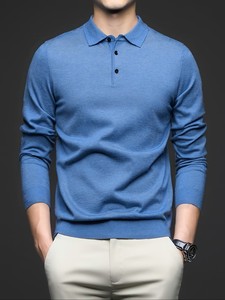 Pull en maille polyester/coton pour homme, léger et respirant, service OEM, couleur unie, col à revers, manches longues, couche de base décontractée pour le printemps - Product Image 4