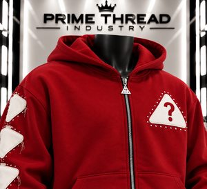 Wholesale Custom Men’s <b>Red</b> Zip Up Hoodie Distressed Applique Patch Hoodie Rhinestone Studded Sleeve Oversized Streetwear Hoodie - Product Image 5