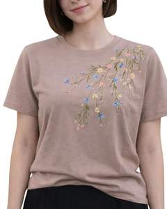 Camiseta de Mujer Color Beige Taupe Personalizada con Bordado Floral, Cuello Redondo, Algodón Suave, Manga Corta, Informal, Ligera, para Verano - Product Image 5