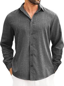 Camicia da <span class=keywords><strong>uomo</strong></span> in misto lino con bottoni – Camicia casual leggera a maniche lunghe per spiaggia, vacanze e matrimoni - Product Image 3