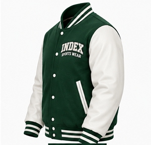 Chaqueta Varsity Verde para Hombre INDEX con Mangas Blancas, Logotipo Bordado, Cuello Camisero y Cierre de Botones, para Otoño - Product Image 5