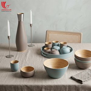 Juego de vajilla de bambú hilado/enrollado Viettimecraft con tazones, tazas, bandeja y jarrón en tonos tierra - Product Image 2