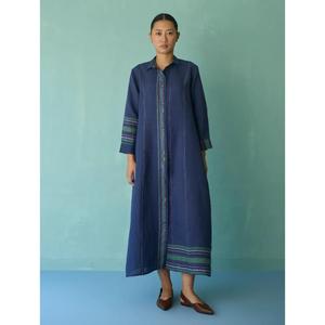 Vestido maxi de lino a rayas azules para mujer, cuello vuelto, manga tres cuartos, corte holgado informal, transpirable, para todas las estaciones. - Product Image 1