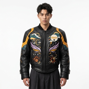 Chaqueta Bomber de Cuero Genuino para Hombre con Bordado a Mano y Patrones Coloridos, Cuello Camisero, Cierre de Cremallera, Estilo Otoñal - Product Image 1