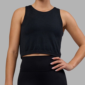 Women's Black <b>Cropped</b> Tank <b>Top</b> O-Neck Minimalist Solid Knitted Breathable Spandex Polyester Sportwear - Product Image 1