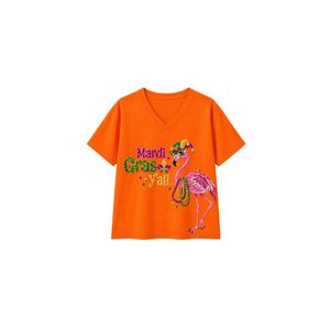 T-shirt respirant à manches courtes et col en V pour femme, orange, avec motif flamant rose et strass Mardi Gras Y'all, design élégant - Product Image 1