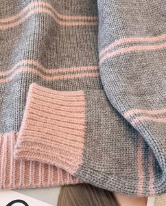 Women's Half Zip Striped Knit Sweater V-neck Loose Pullover Long Sleeve Front Logo for Autumn Winter Casual Wear - Product Image 4