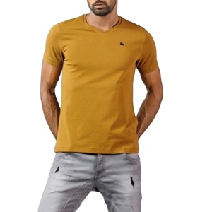 T-shirt décontracté pour homme, col en V, manches courtes, design personnalisé, 100% coton, vente en gros, t-shirt homme slim fit, couleur moutarde - Product Image 1