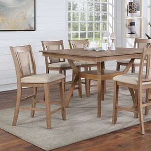 Set di 2 Sedie da Pranzo in Legno Massello Stile Transizionale, Altezza Bancone, Tono Naturale Beige con Seduta Imbottita in Similpelle, per Cucina - Product Image 2