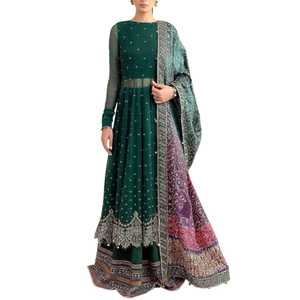 Robe Anarkali brodée vert émeraude, longue, traditionnelle indienne et pakistanaise, pour mariage, tenue de soirée formelle pour femmes - Product Image 1