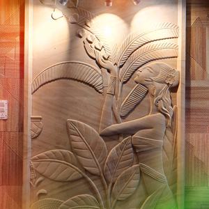 Arte mural de tallado en piedra tropical: Danza entre las palmeras, escultura decorativa en relieve - Product Image 2