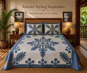 Blue Cotton Hawaiian Applique Bedspread With Echo Quilting Custom Island Bedding For <b>Queen</b> California King Tropical Home Decor - Product Image 3