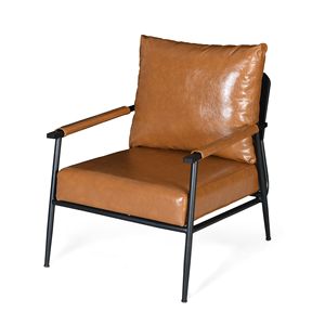 Poltrona Moderna Stile Mid-Century in Ecopelle Marrone con Schienale Imbottito Alto, Struttura in Metallo e Braccioli in Legno per Soggiorno - Product Image 3