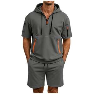 Conjunto de 2 Piezas para Hombre, Top con Capucha y Pantalones Cortos de Verano, 100% Algodón, Tejido de Punto, Transpirable, Cintura Elástica, Ropa Deportiva Informal, Servicio OEM - Product Image 3