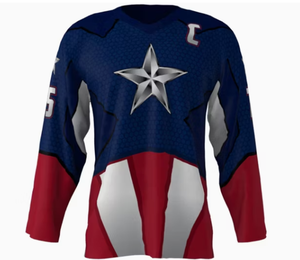 Camiseta de hockey sobre hielo de Capitán América para hombre, manga larga, estampado sublimado, poliéster que absorbe la humedad, cuello redondo, uniforme para adultos - Product Image 1