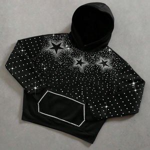 Sudadera con Capucha Negra con Pedrería y Estampado de Estrellas, Corte Holgado, Unisex, Informal, de Punto, de Poliéster, para Otoño - Product Image 1