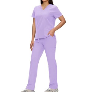 ชุดยูนิฟอร์มพยาบาล ODM แบบ unisex สีลาเวนเดอร์ คอวี ผ้าคอตตอนผสมโพลีเอสเตอร์ ทอแบบทอ ชุดสครับสำหรับโรงพยาบาล พร้อมกางเกง มีหลายสี - Product Image 4