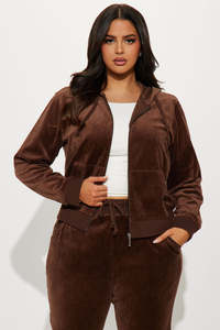 Women Plus Size Velour Tracksuit Set Hooded Cropped Jacket Jogger Pants Solid <b>Brown</b> Casual Autumn Wear Full Sleeve Zipper Front - Product Image 3