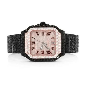 Reloj Clásico de Cuarzo con Incrustaciones de Diamantes Romanos VVS Moissanite, Esfera Rosa y Correa de Diamantes Negros, Reloj de Alta Calidad - Product Image 3