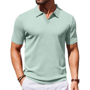 Chemise décontractée pour homme en coton tricoté noir à manches courtes, respirante, avec logo brodé sur le devant, col et poignets blancs - Product Image 5