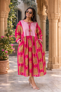 Abito midi in cotone con stampa tigre rosa da donna – Elegante abito lungo Kurti etnico casual con maniche a 3/4 per l'estate - Product Image 2